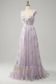 Lavender Bow Tie Shoulder A-line Embroidery Tulle Long Prom Dress