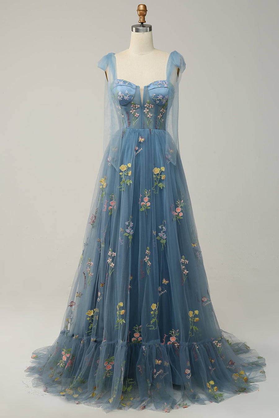 Dusty Blue Bow Tie Shoulder A-line Embroidery Tulle Long Prom Dress