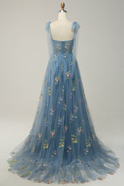 Dusty Blue Bow Tie Shoulder A-line Embroidery Tulle Long Prom Dress