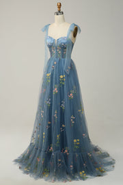 Dusty Blue Bow Tie Shoulder A-line Embroidery Tulle Long Prom Dress