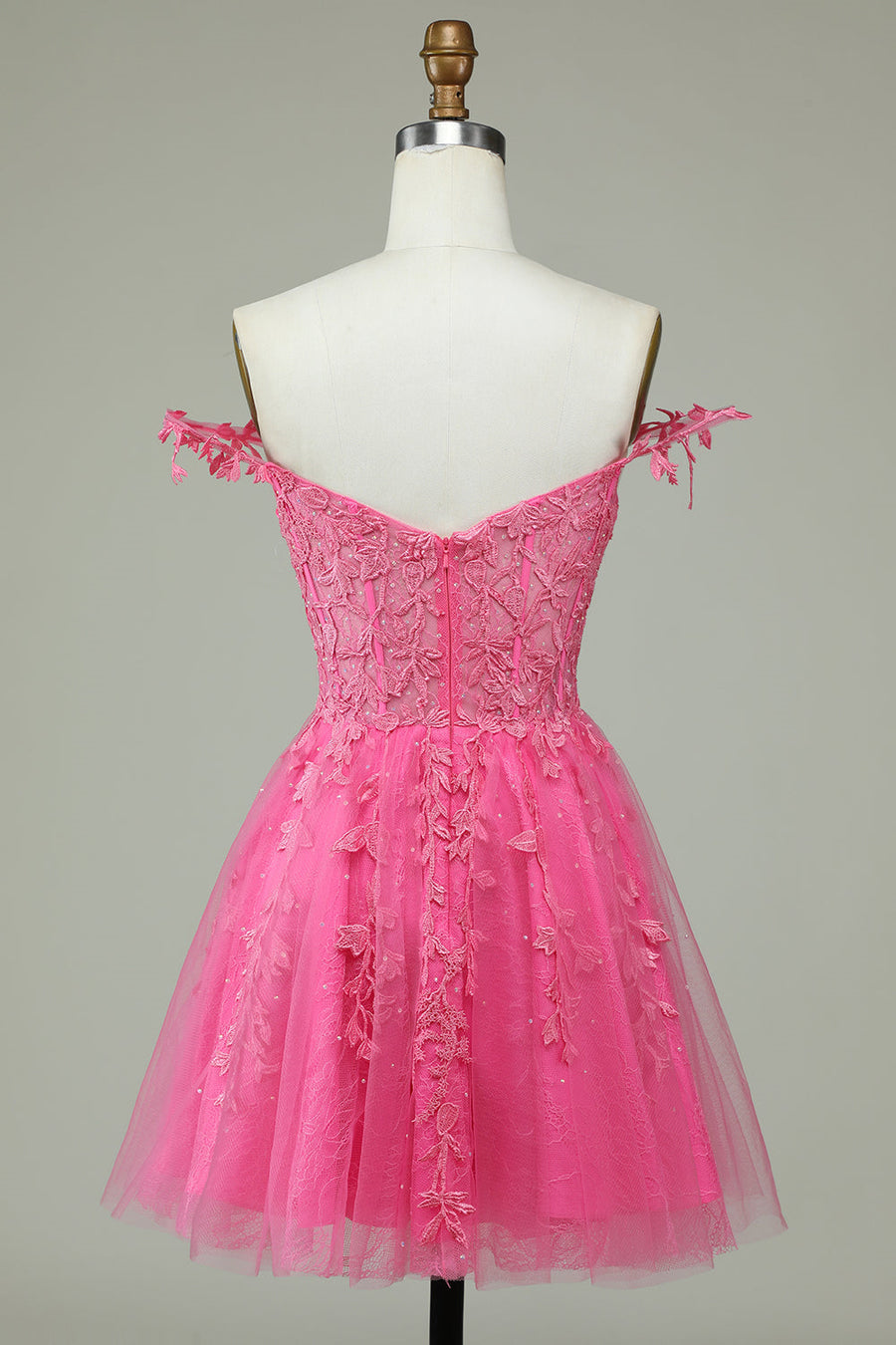 Hot Pink A-line Flower Straps Appliques Tulle Homecoming Dress