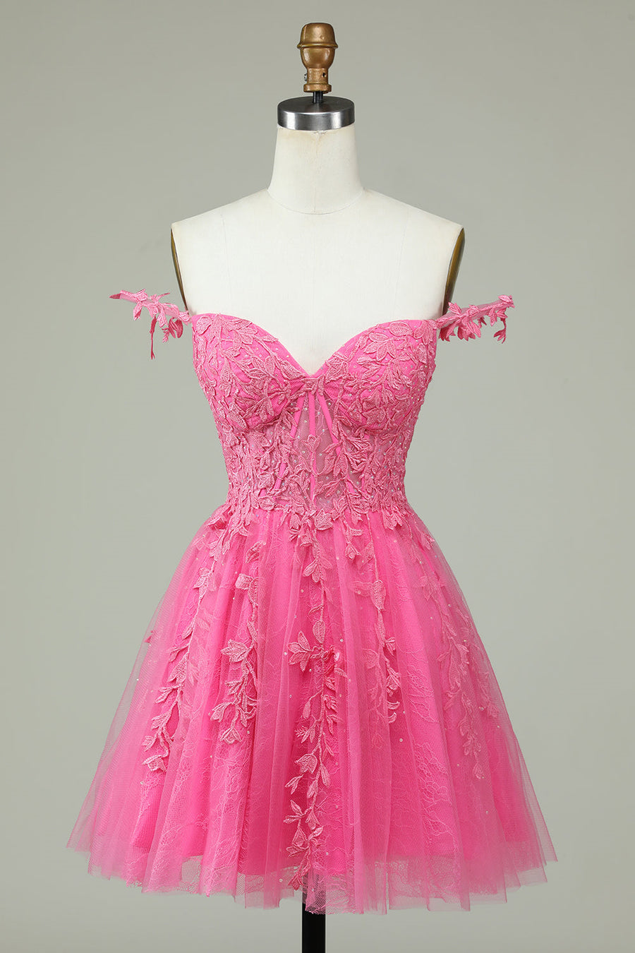 Hot Pink A-line Flower Straps Appliques Tulle Homecoming Dress