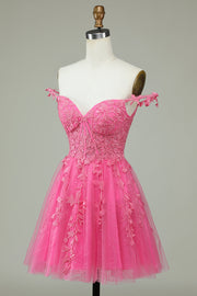 Hot Pink A-line Flower Straps Appliques Tulle Homecoming Dress
