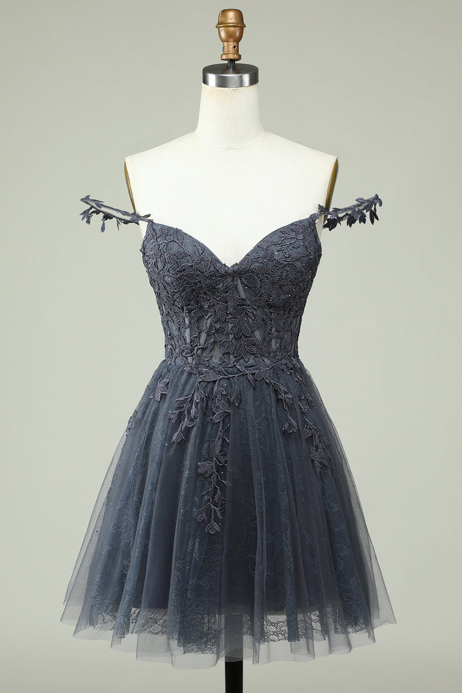 Grey A-line Flower Straps Appliques Tulle Homecoming Dress