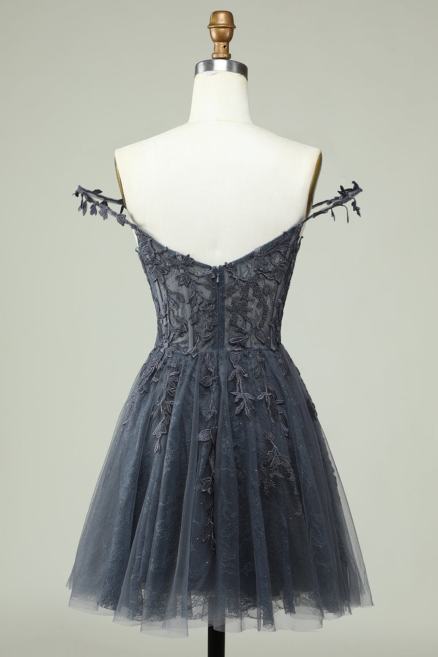 Grey A-line Flower Straps Appliques Tulle Homecoming Dress