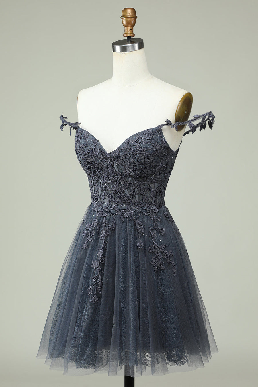 Grey A-line Flower Straps Appliques Tulle Homecoming Dress