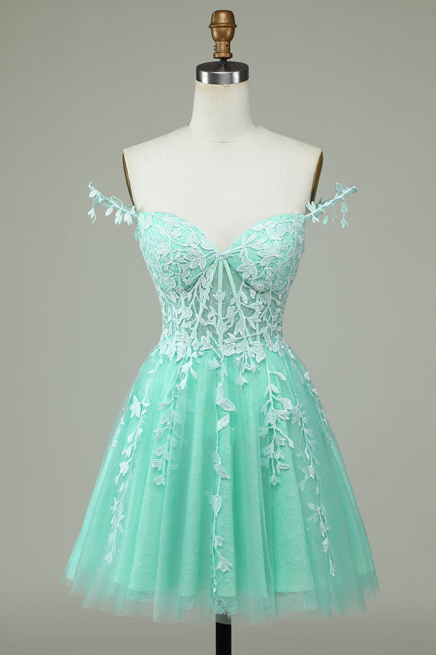 Mint Green A-line Flower Straps Appliques Tulle Homecoming Dress