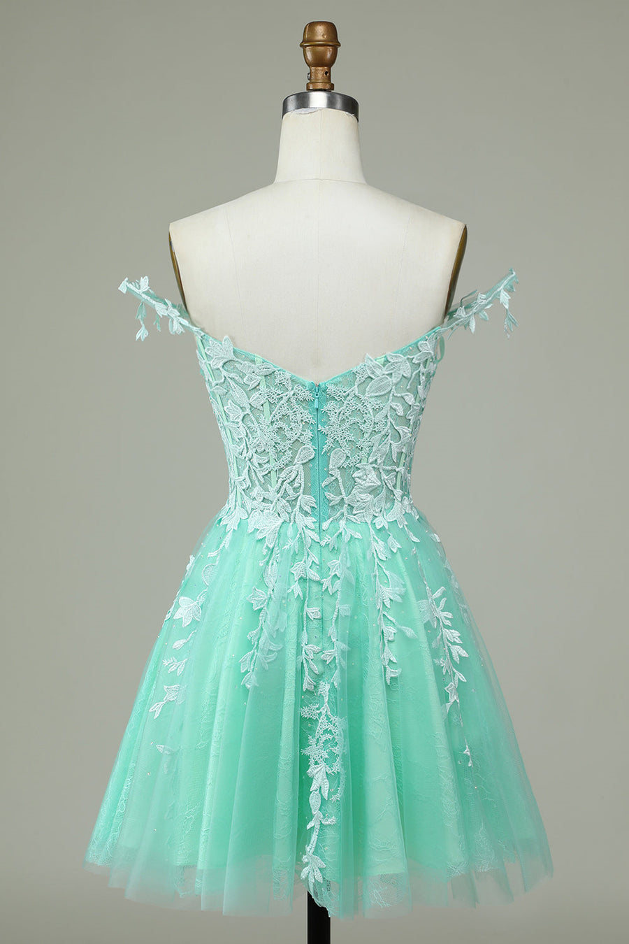 Mint Green A-line Flower Straps Appliques Tulle Homecoming Dress