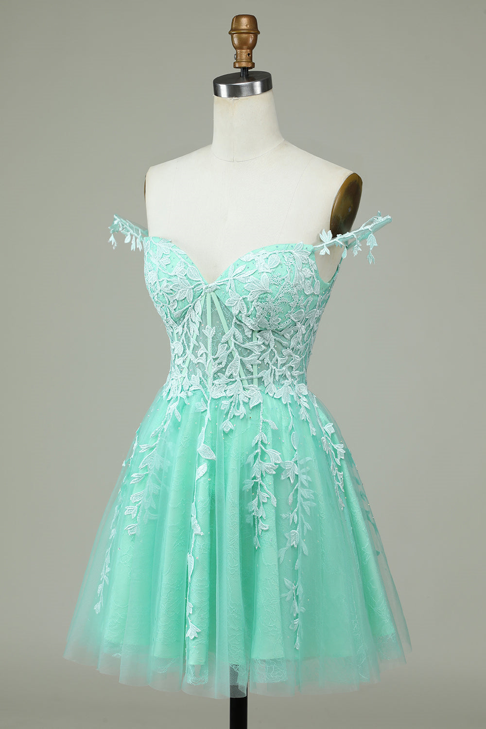Mint Green A-line Flower Straps Appliques Tulle Homecoming Dress