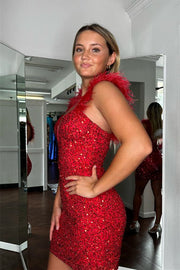 Red Off-the-Shoulder Sequins Sweetheart Sheath Homecoming Dress