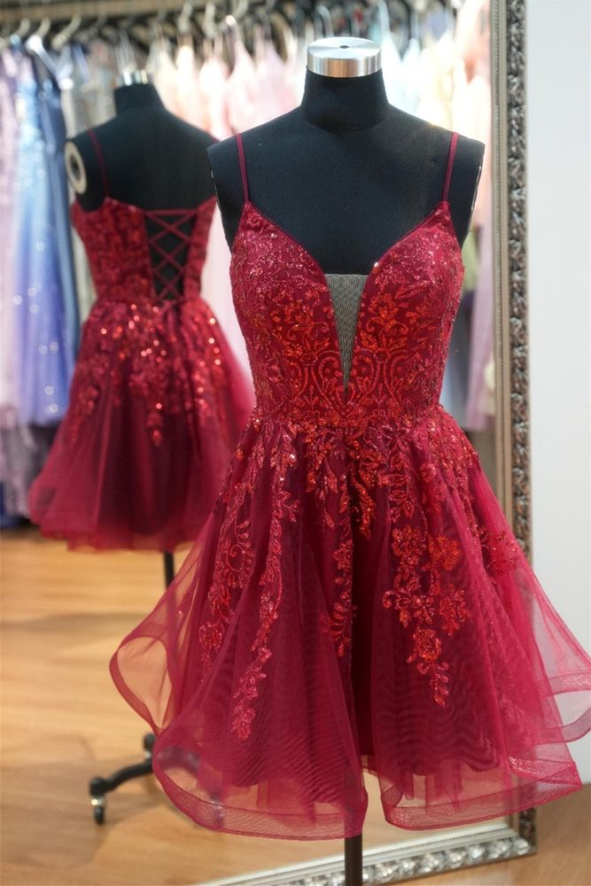 Red Sweetheart A-line Spaghetti Strap Sequin Tulle Homecoming Dress