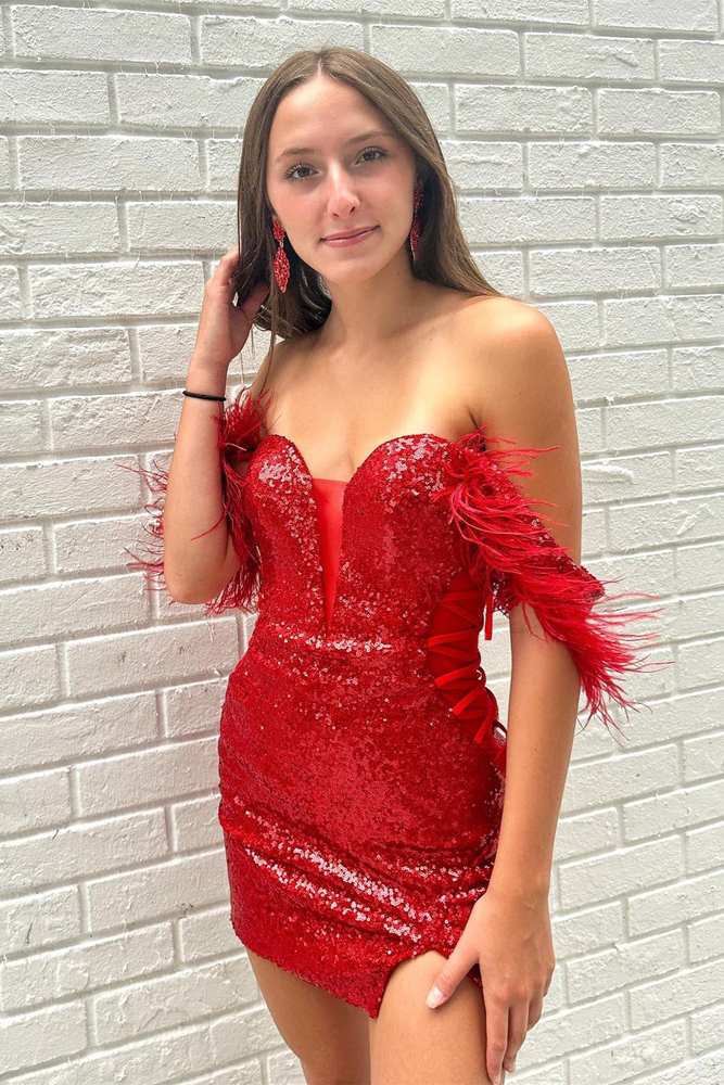 Joyofdress Red Off The Shoulder Sequins Sweetheart Sheath Homecoming Dress Red US 8