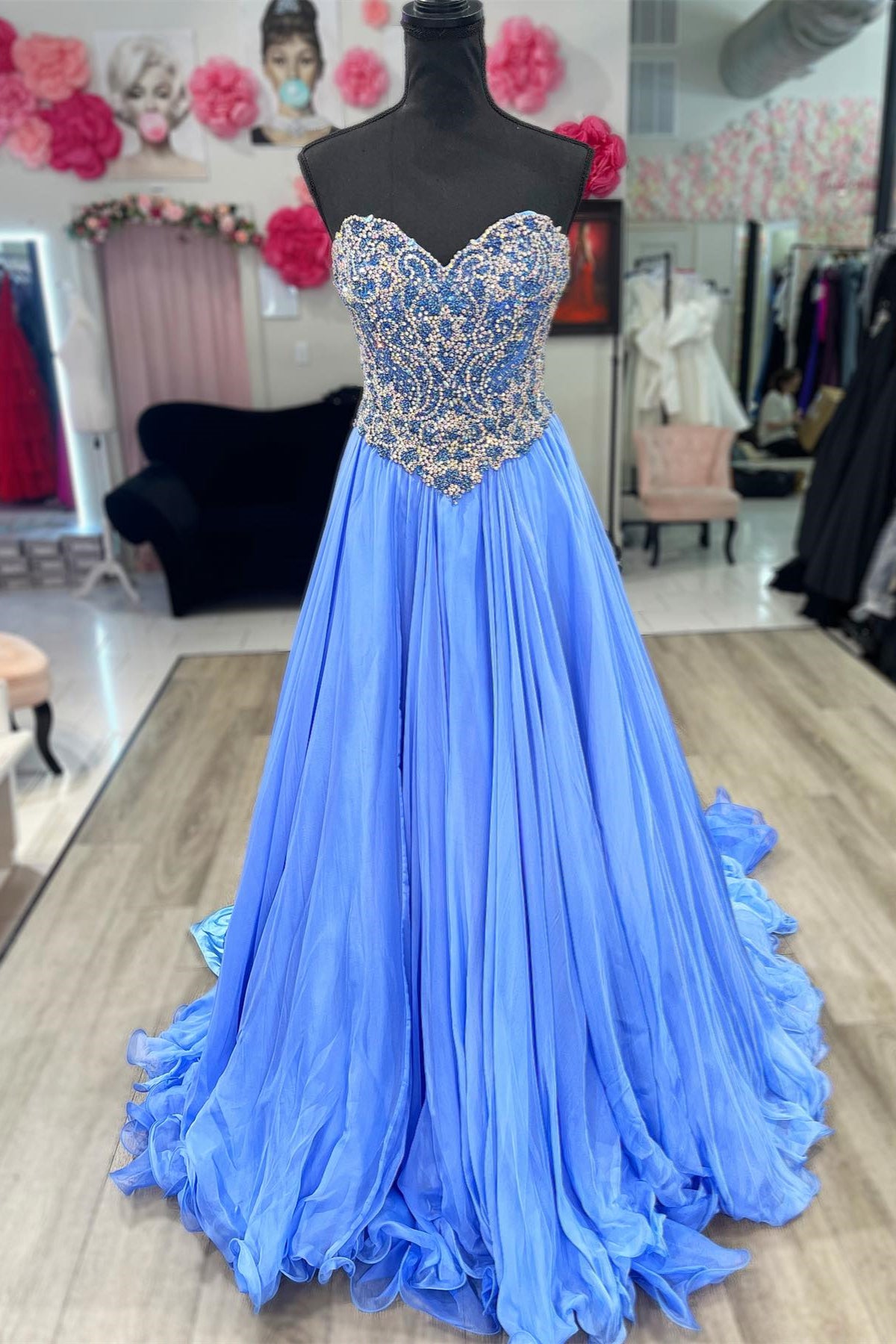 Bijou Blue Strapless Beaded A-line Tulle Long Prom Dress