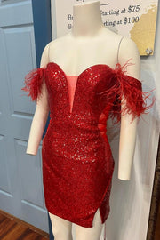 Red Off-the-Shoulder Sequins Sweetheart Sheath Homecoming Dress