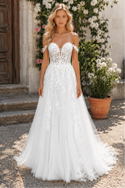 Sweetheart Off-Shoulder Empire Sheer Appliques Wedding Dress