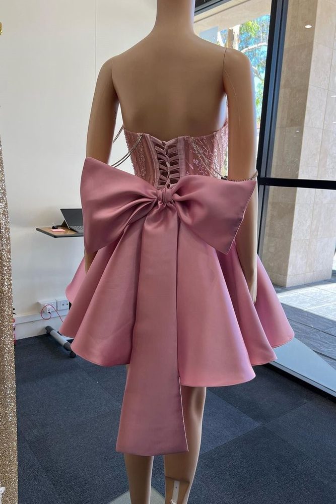 A-Line Pink Lace Off-Shoulder Bow-Back Short Homecoming Dress