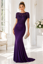 Round Short Sleeves Lace Appliques Chiffon Mermaid Mother Of The Bride Dress