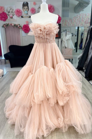 Gorgeous Ruffles Beadings Prom Dress with Crystals and Long Tulle