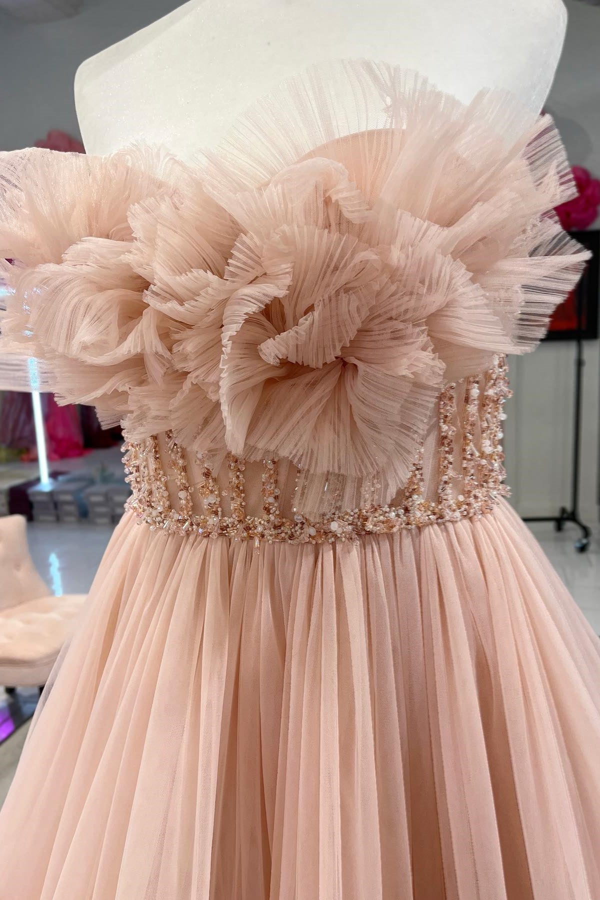 Blush Pink Strapless Ruffled Beaded Layers Tulle Long Prom Dress