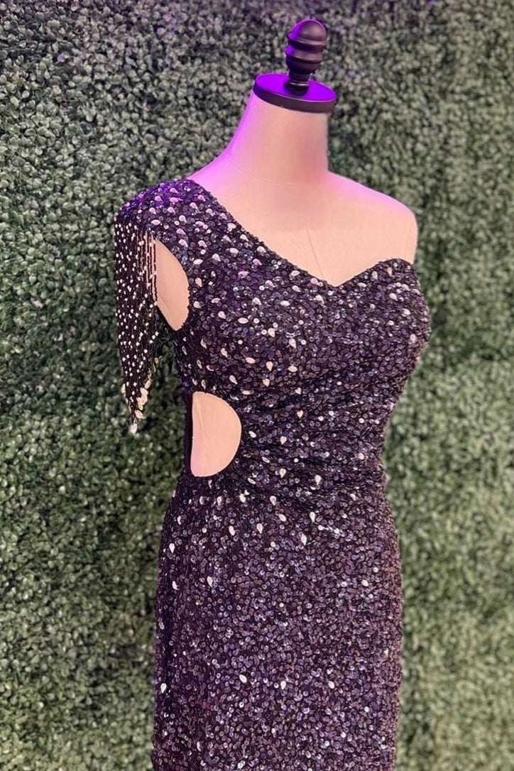 Black One Shoulder Sheath Sequins Homecoming Dress with Tassels