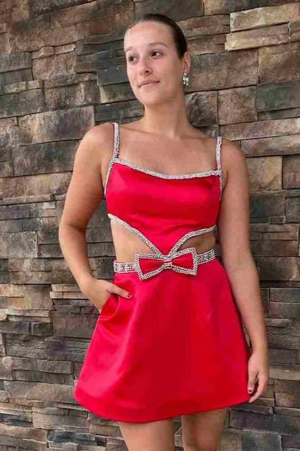 Spaghetti Straps Blue Cutout Homecoming Dress with Bow