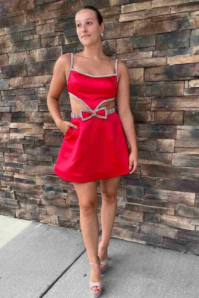 Spaghetti Straps Blue Cutout Homecoming Dress with Bow