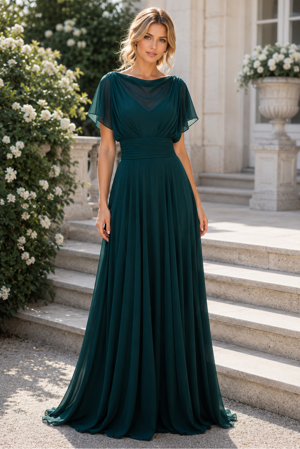 Hunter Green A-line Illusion Cowl Neck Chiffon Long Bridesmaid Dres