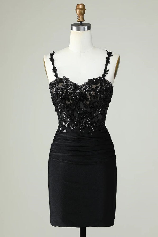 Sheath Spaghetti Straps Black Short Homecoming Dress with Appiques Black / US 4 Sheath Spaghetti Straps Black Short Homecoming Dress with Appiques Black / US 4