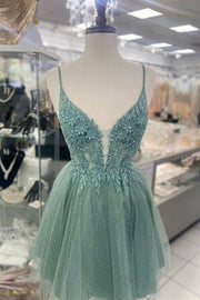 V-Neck A-line Straps Tulle Homecoming Dress