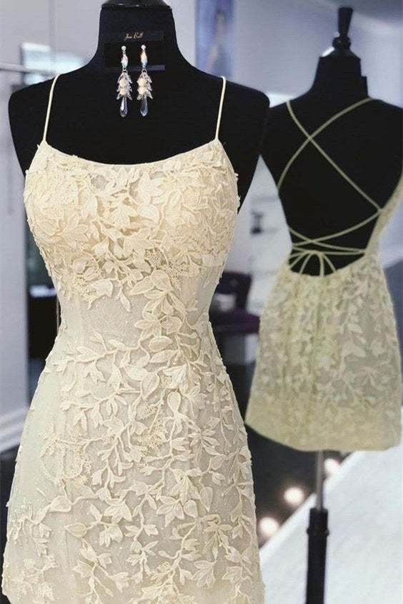 Open Back Spaghetti Straps Sheath Lace Short Homecoming Dresses | Joyofdress Open Back Spaghetti Straps Sheath Lace Short Homecoming Dresses | Joyofdress