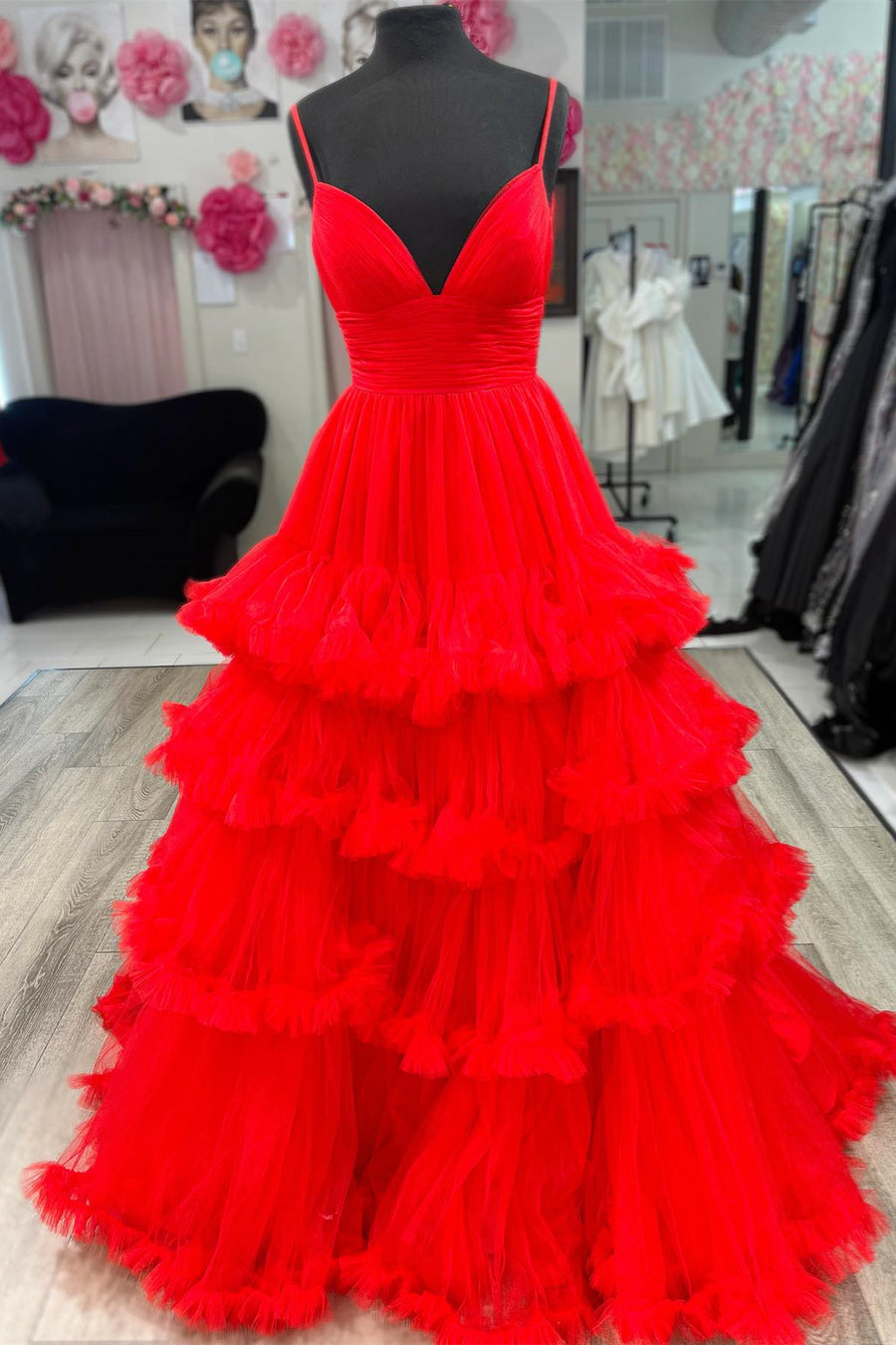 Red Ruffle Layers A-line Spaghetti Straps Deep V Long Prom Dress | Joyofdress Red Ruffle Layers A-line Spaghetti Straps Deep V Long Prom Dress | Joyofdress