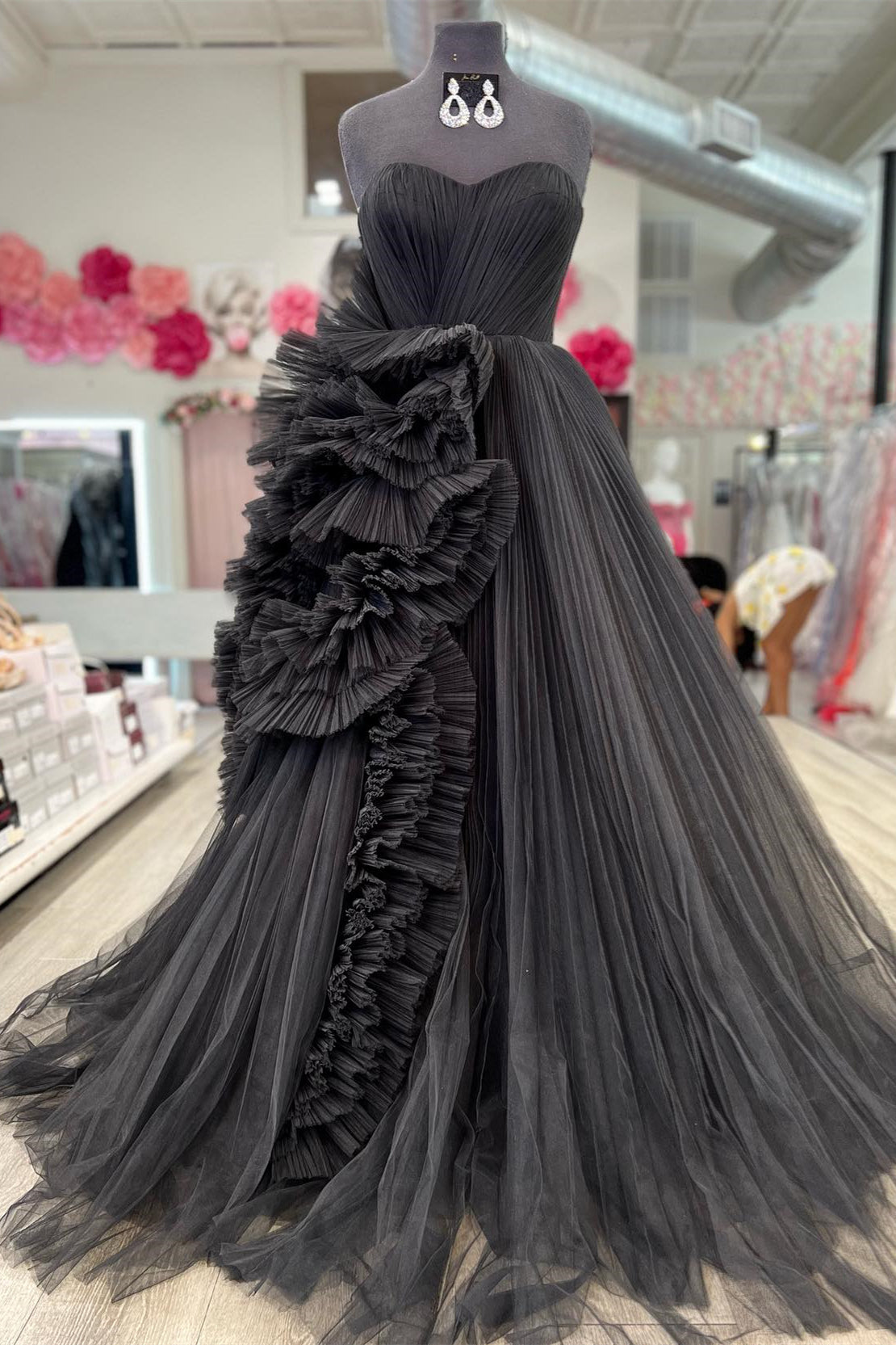 Black Strapless Cascading Ruffled A-line Tulle Long Prom Dress
