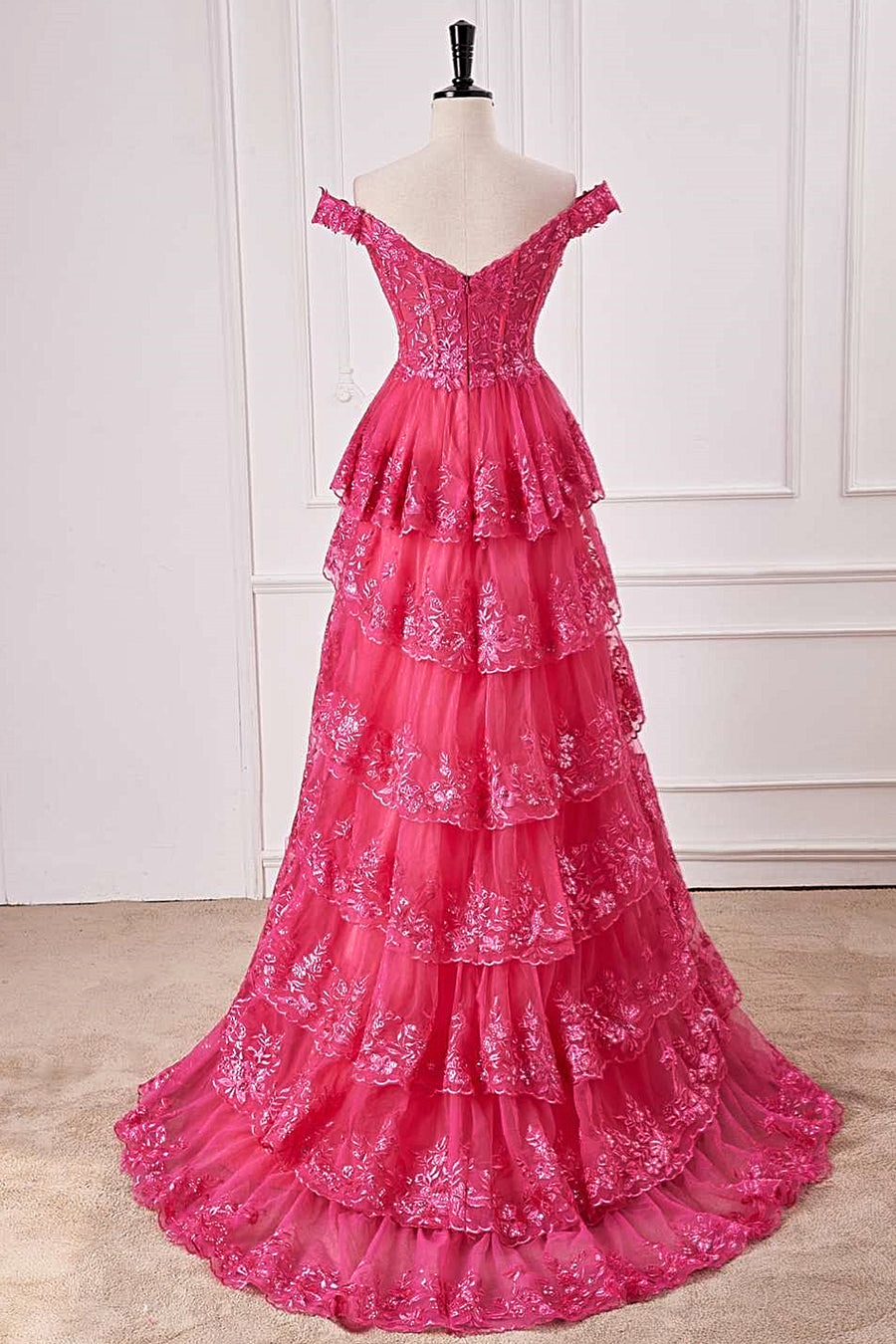 Hot Pink Off-Shoulder Sequined Layers A-line Long Prom Dress with Slit