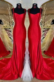 Red Flower Straps Mermaid Satin Long Prom Dress with Slit