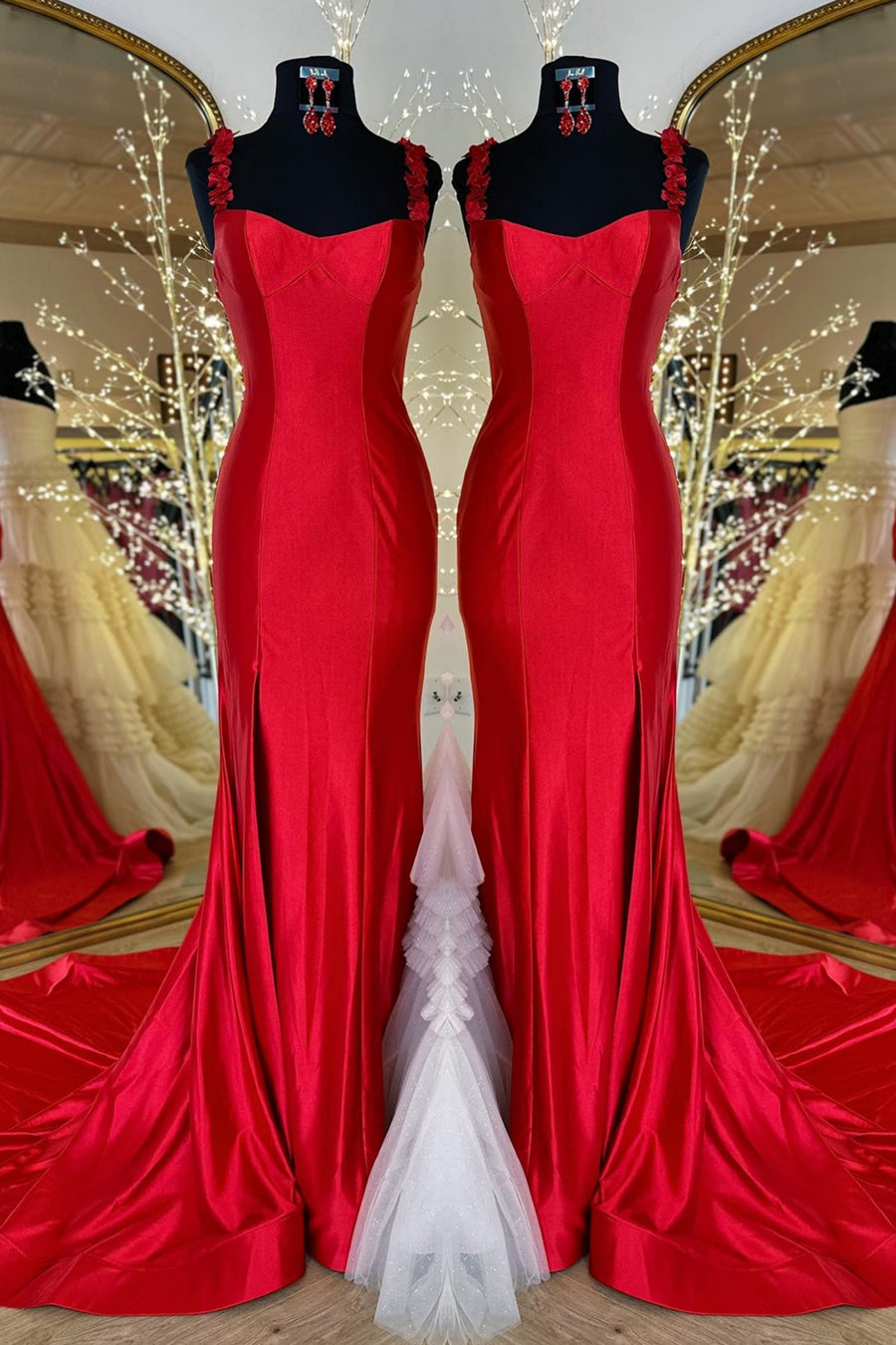 Red Flower Straps Mermaid Satin Long Prom Dress with Slit