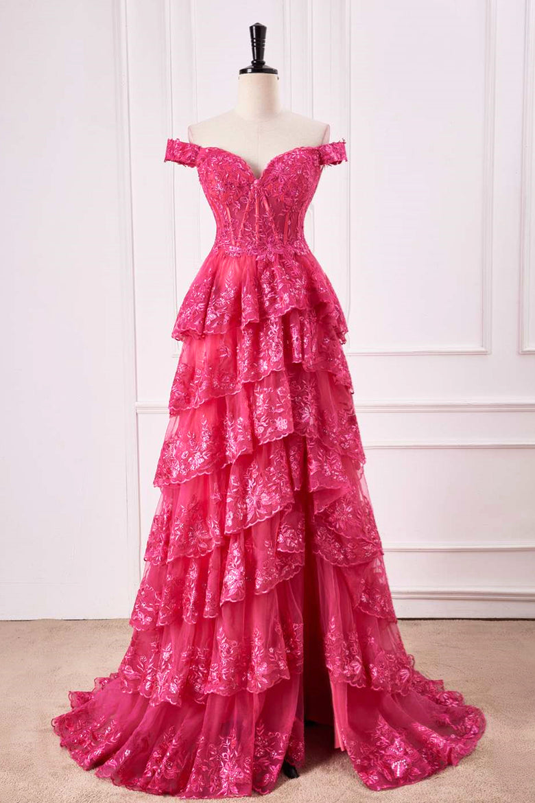 Hot Pink Sequined V Neck Feather Long Prom Dress with Slit,DP1751 main image 0