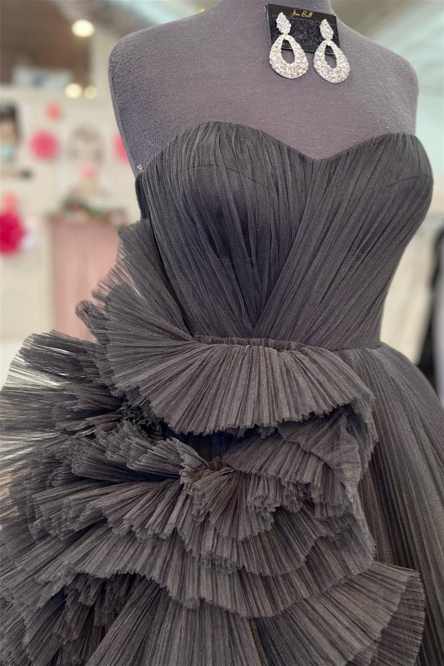 Black Strapless Cascading Ruffled A-line Tulle Long Prom Dress