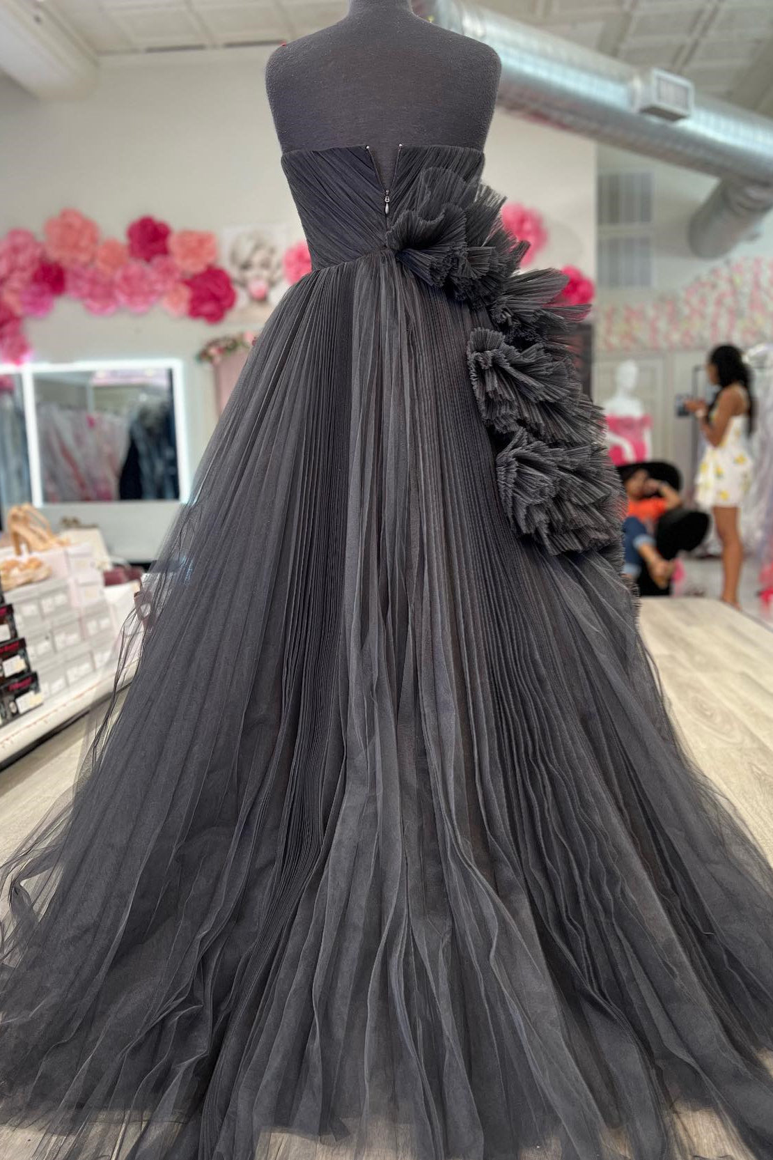 Black Strapless Cascading Ruffled A-line Tulle Long Prom Dress