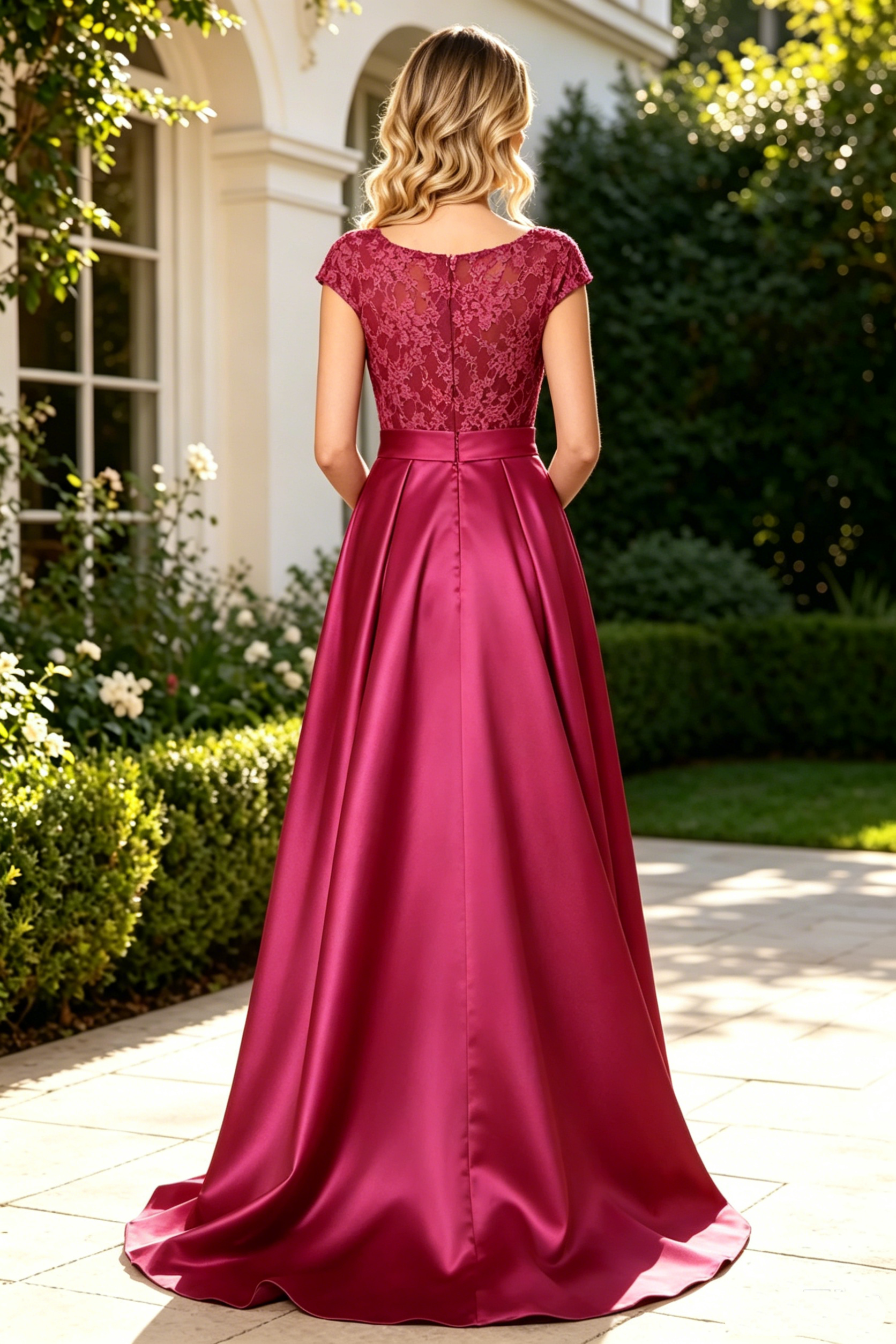Scoop Cap Sleeves Lace And Satin A-Line Mother Of The Bride Dress