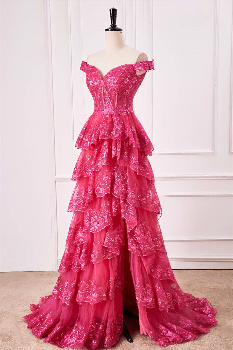 Hot Pink Off-Shoulder Sequined Layers A-line Long Prom Dress with Slit Hunter Green / US 16