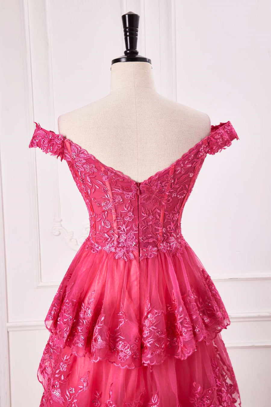 Hot Pink Off-Shoulder Sequined Layers A-line Long Prom Dress with Slit