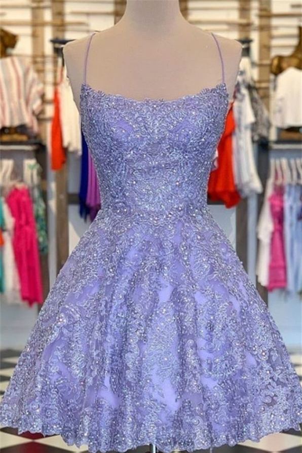 Purple Sleeveless V-neck Spaghetti-straps Tulle Applique Beaded Lace Homecoming Dress