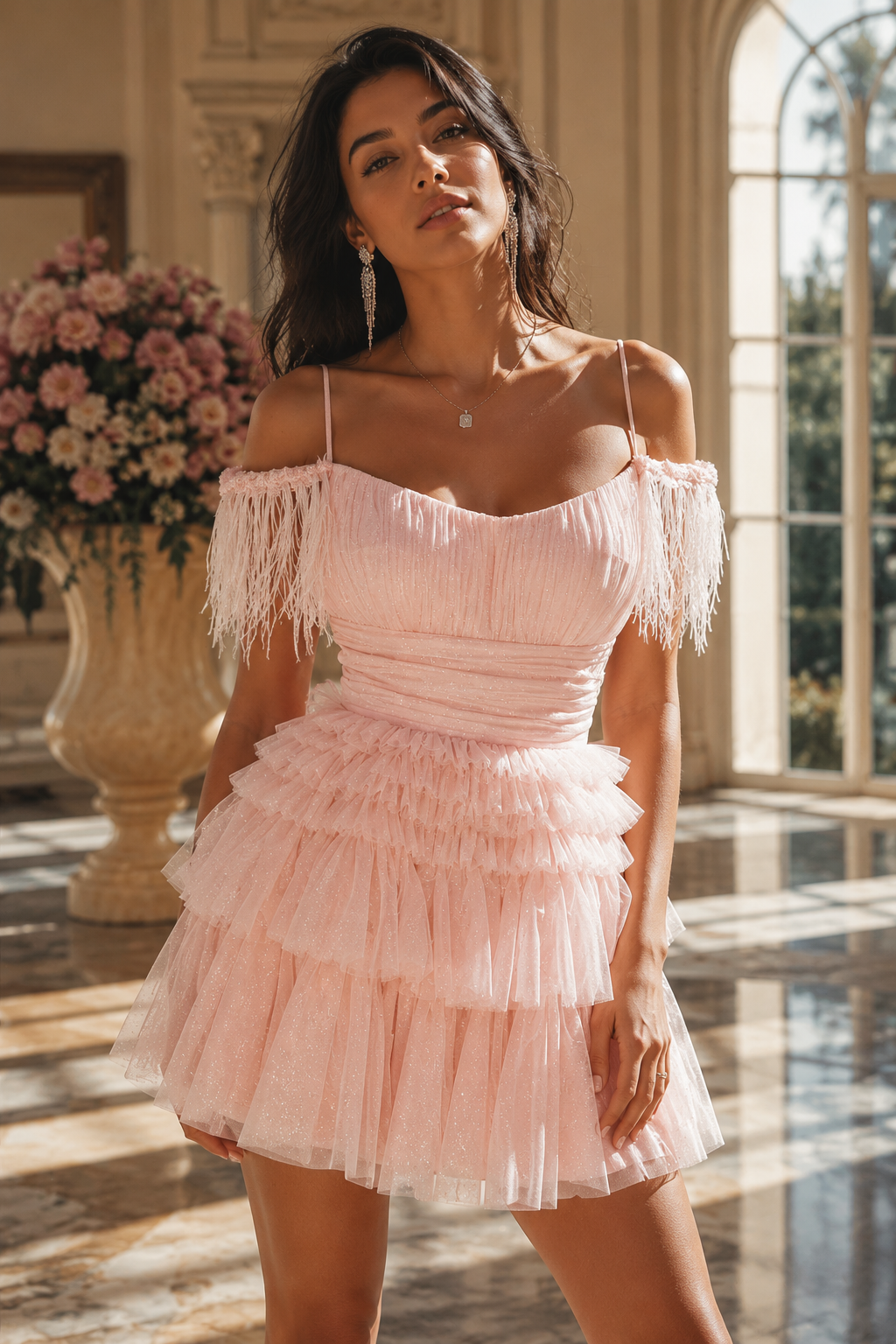 Chic Tulle A-Line Off-Shoulder Beaded Feathers Homecoming Dress