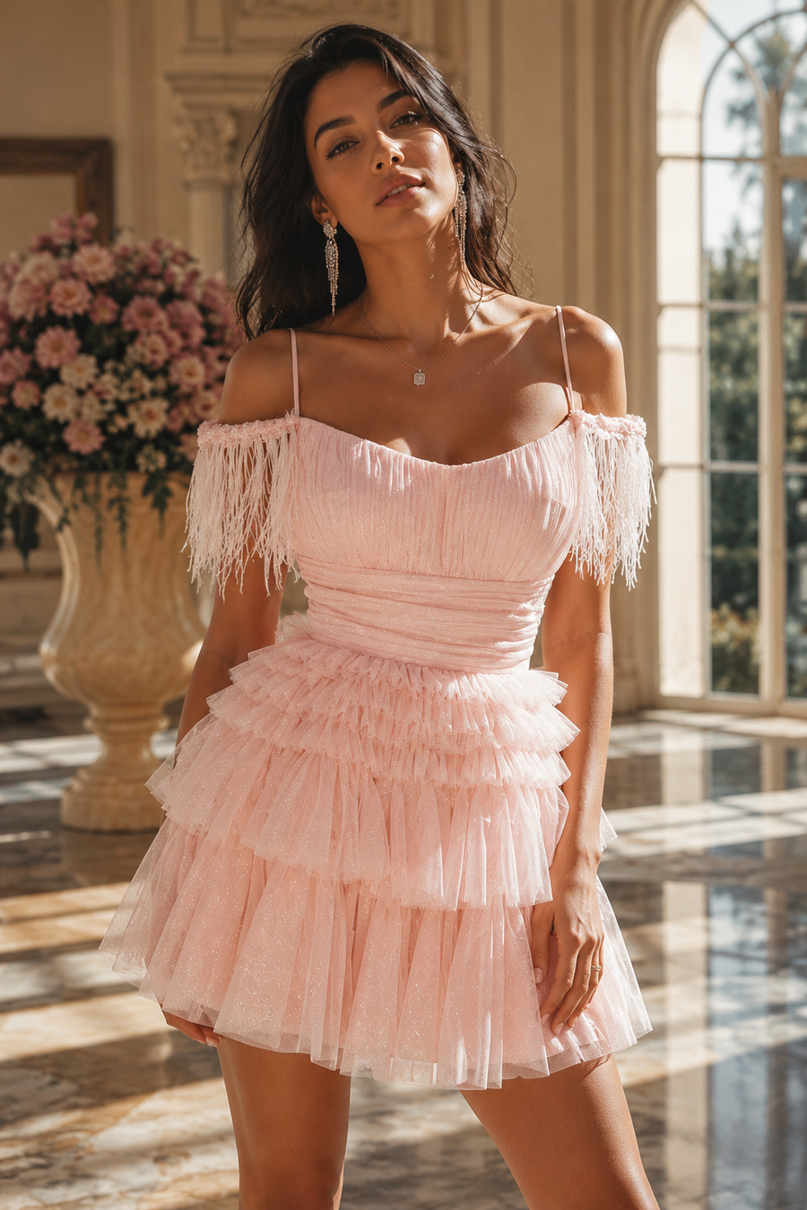 Chic Tulle A-Line Off-Shoulder Beaded Feathers Homecoming Dress