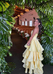 Elegant Strapless Satin A-Line Empire Tiered Party Prom Dress