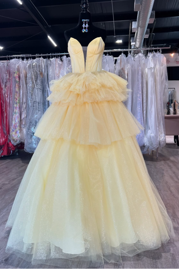 Sweetheart Strapless Glitter Tulle A-Line Tiered Prom Dress
