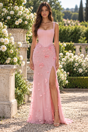 Chic Square Straps Empire Satin And Floral Lace Party Prom Dress With Slit