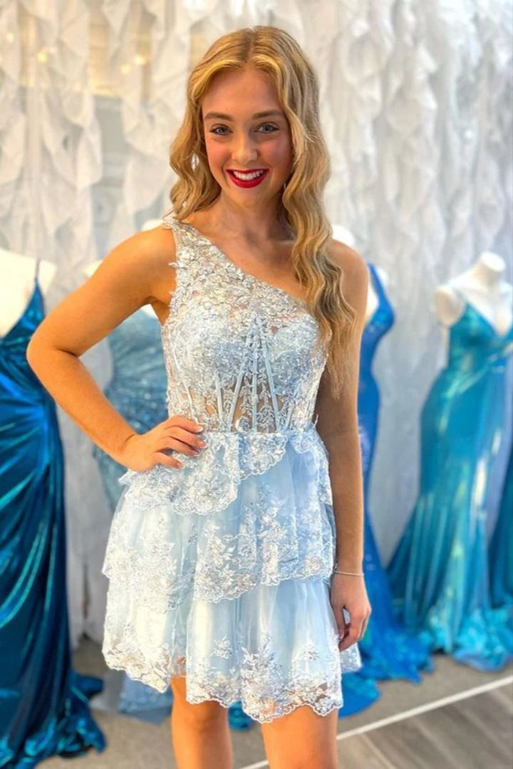 dark teal homecoming dress Dark Navy One Shoulder Appliques Multi-Layers Tulle Homecoming Dress