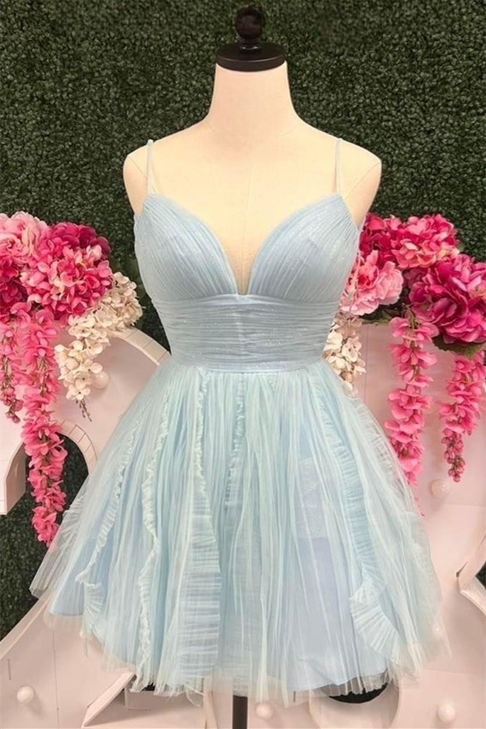 Light Blue A-line V Neck Straps Ruffled Homecoming Dress