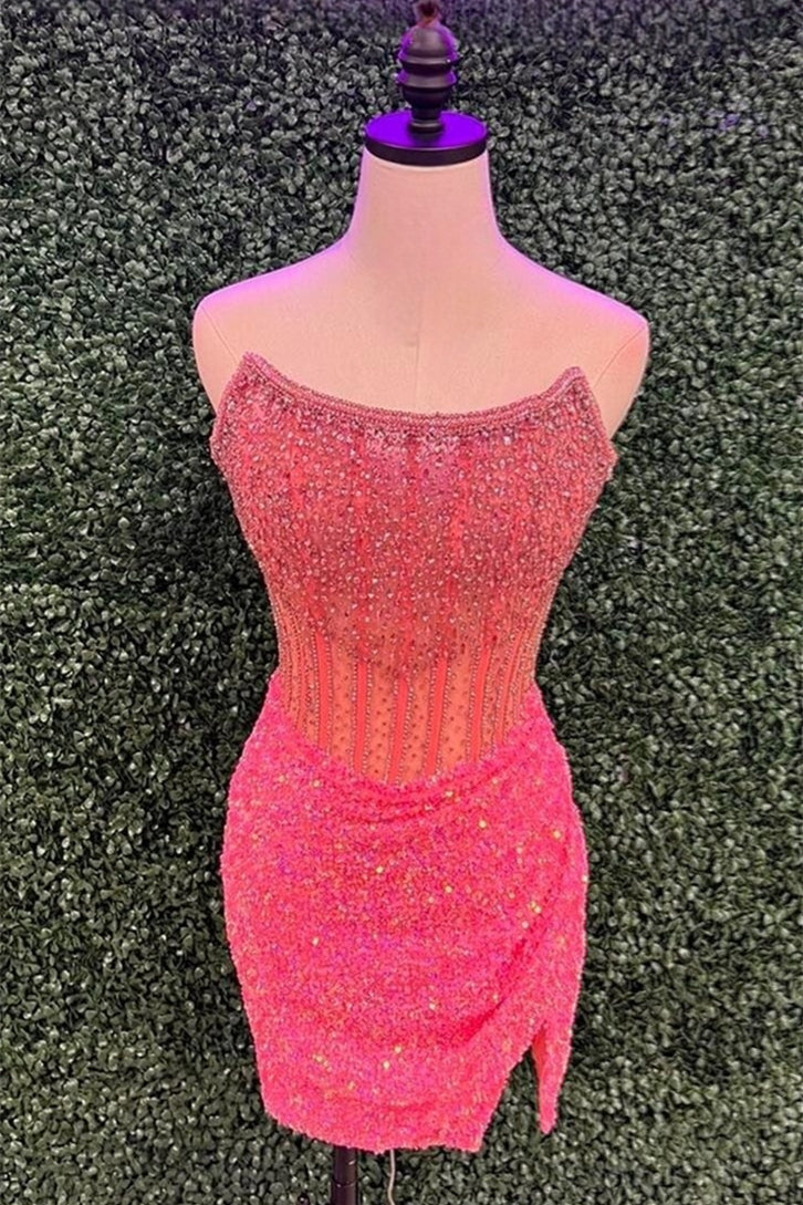Hot Pink Strapless Sheath Sequins Homecoming Dress